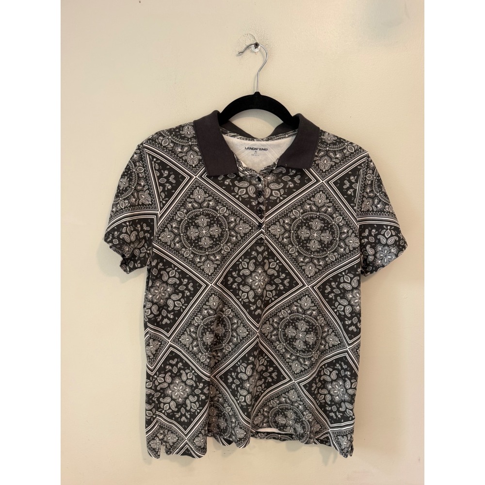 Lands End Womens Black White Paisley Bandana Print Cotton Polo Size M 10-12